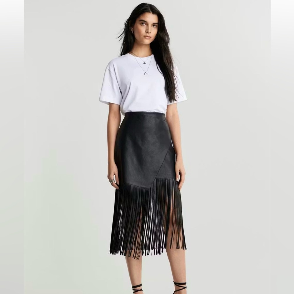 Gina Tricot Black PU Asymmetrical Fringe Skirt